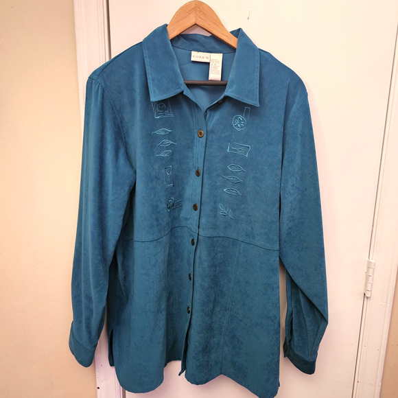 Koret Embroidered Leaf Front Button Up Shirt Long Sleeve Size XL Teal Stretch - Picture 1 of 4